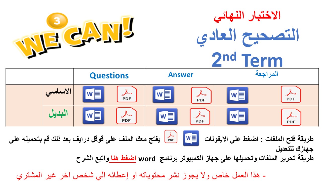 الاختبار النهائي منهج We Can الصف الثالث الابتدائي الفصل الدراسي الثاني 1447 +البديل + المراجعة